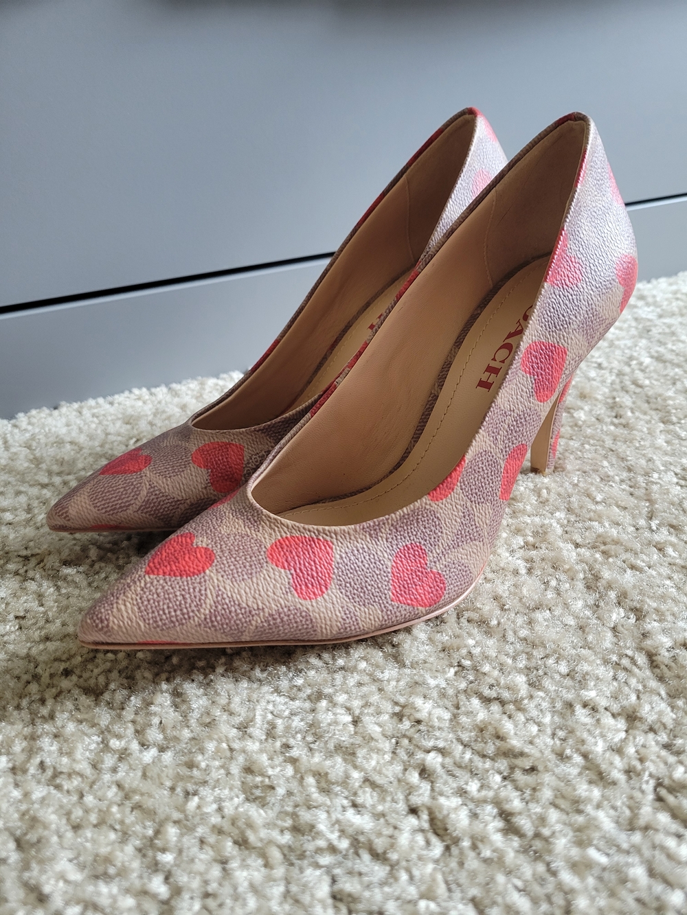 Coach Brown Signature Canvas Pointed-Toe Pumps with Red Hearts - Picture 4 of 4